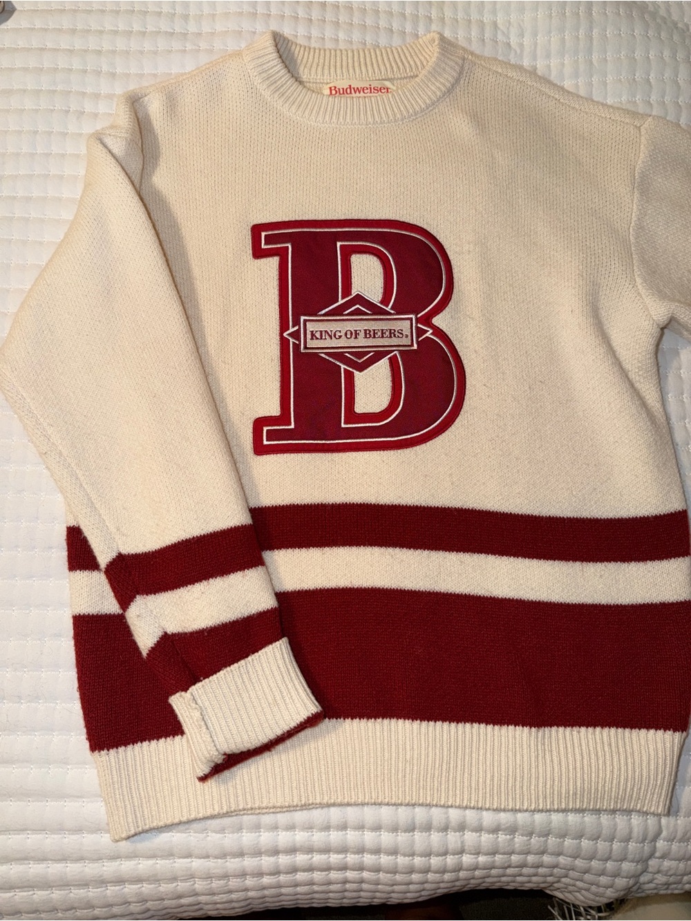 PacSun Cream and Red Crewneck Sweater with 'B' Patch